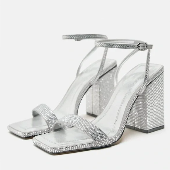 Zara Silver Block Heel Rhinestone Sandals